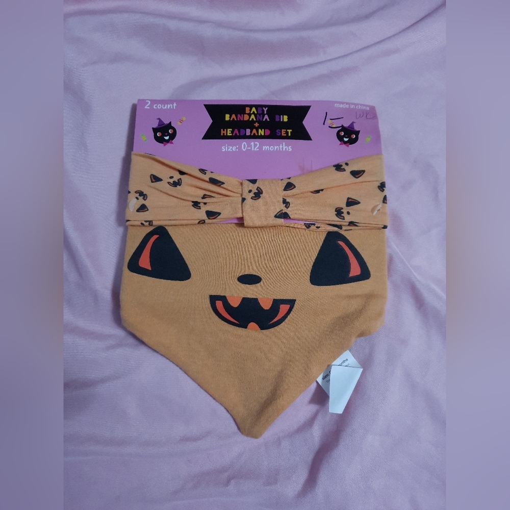 Baby 1st Halloween Bandana Bib Headband Set Gertex 0-12 Months Pumpkin Jackolant